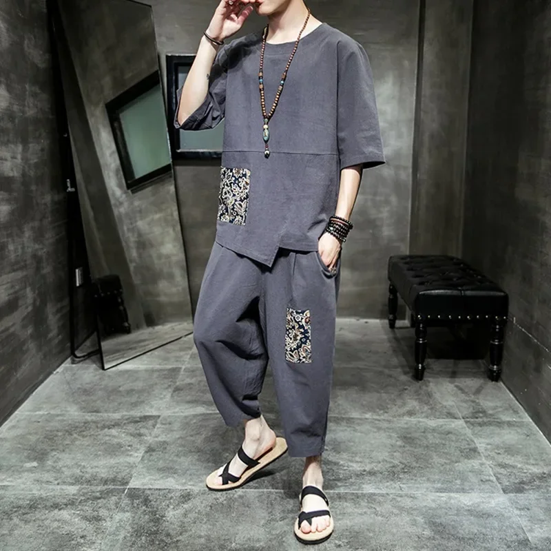 Винтажные комплекты с вышивкой и v-образным вырезом, топы и брюки с длинными рукавами, уличная одежда в китайском стиле, хлопковый свободный мужской костюм, повседневный комплект из 2 предметов 1 MN1