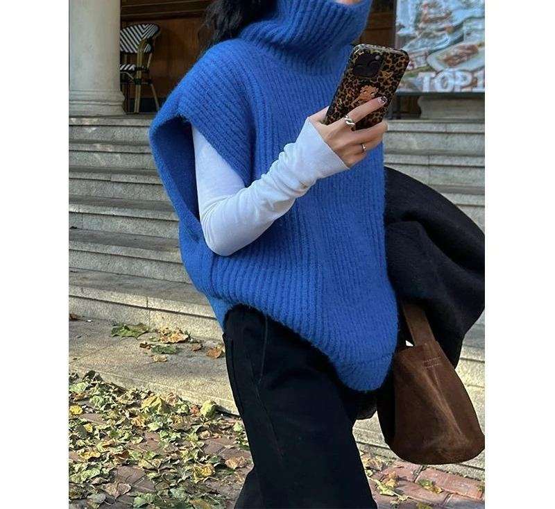 

Knitted Vest Women's Style 2025 New Autumn and Winter Small Stature Winter High Neck Yarn Sleeveless Outer Loose Vest