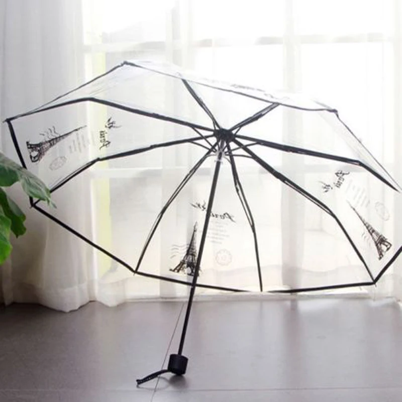 EVA transparent print umbrella paris tower 8K perspective three folding umbrella non-automatic girl rain tools White Blac