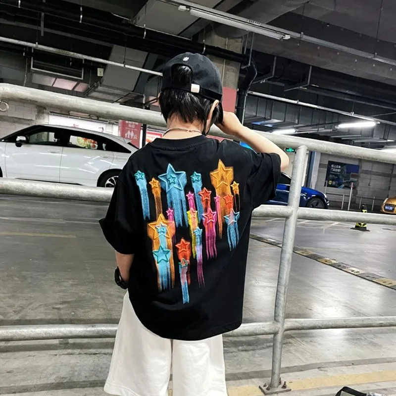 2026 Summer Boys Starry Sky Short Sleeve T-Shirt Korean Style Big Kids Trendy Summer Top with Glowing Constellation Print​