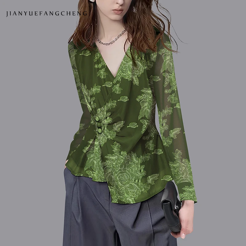 Women Long Sleeve V-Neck Green Chiffon Embroidered Blouse See through Asymmetrical Vintage Casual Floral Shirts Button-down Tops