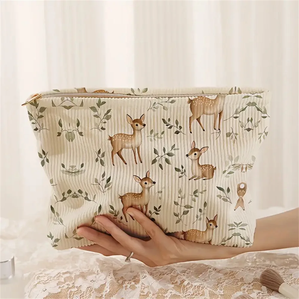 Vintage Floral & Elk Print Makeup Bag Corduroy Zipper Travel Toiletry Pouch Mini Clutch Bag Ideal Gift For Ladies