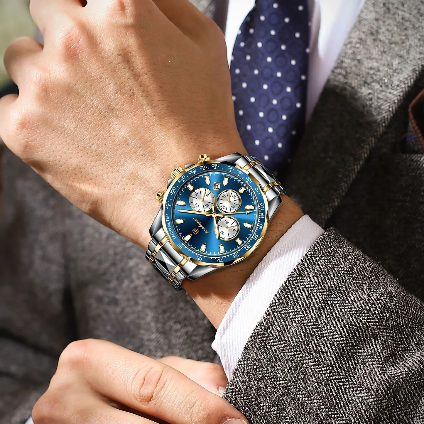 POEDAGAR Orologi da uomo di lusso Orologio cronografo con data luminosa impermeabile per uomo Orologio sportivo da uomo al quarzo moda in acciaio inossidabile