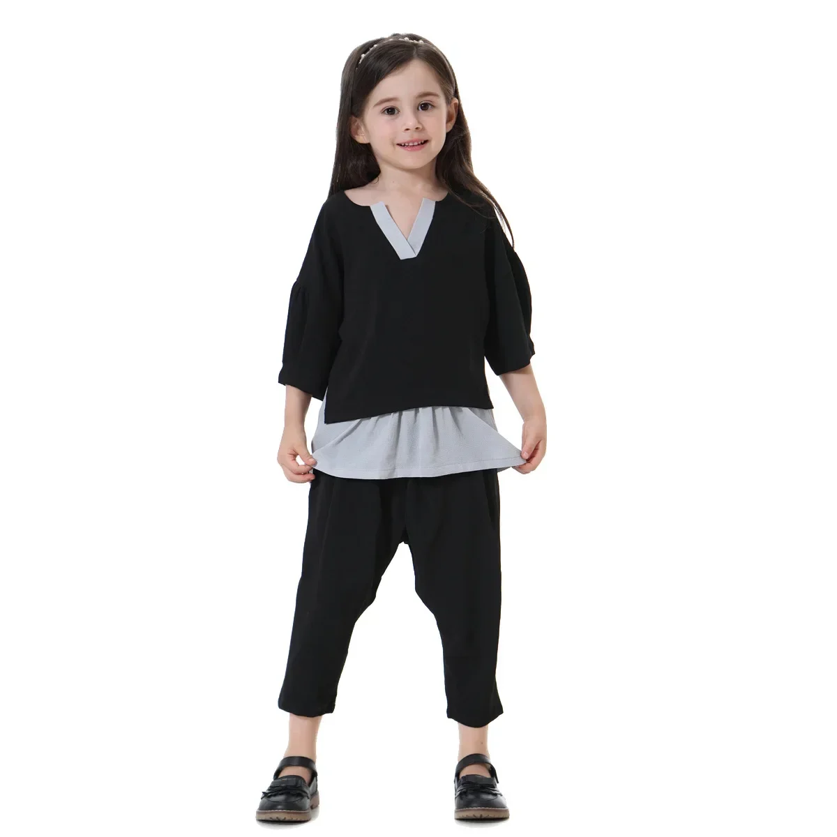 Turkey Muslim Girls 2pcs Sets Kids Tops Pants Suits Half Sleeve Shirts Trousers Islamic Clothing Arab Robe Gowns Jubah Ramadan