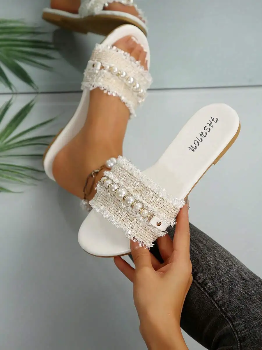 Damenschuhe, neue modische Hausschuhe mit Perlenschnalle, vielseitige einfarbige Metallverzierung, runde Zehenpartie, Perlenkette, flache Sandalen – Detail 1