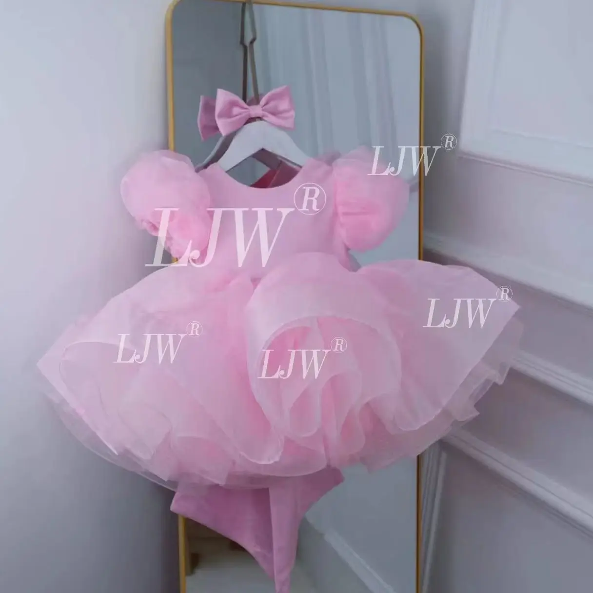 

Pink Flower Girl Dresses Bow Cute Princess Birthday Party First Communion Gown elegant Bubble Sleeves Pageant Dress baby girl'pa