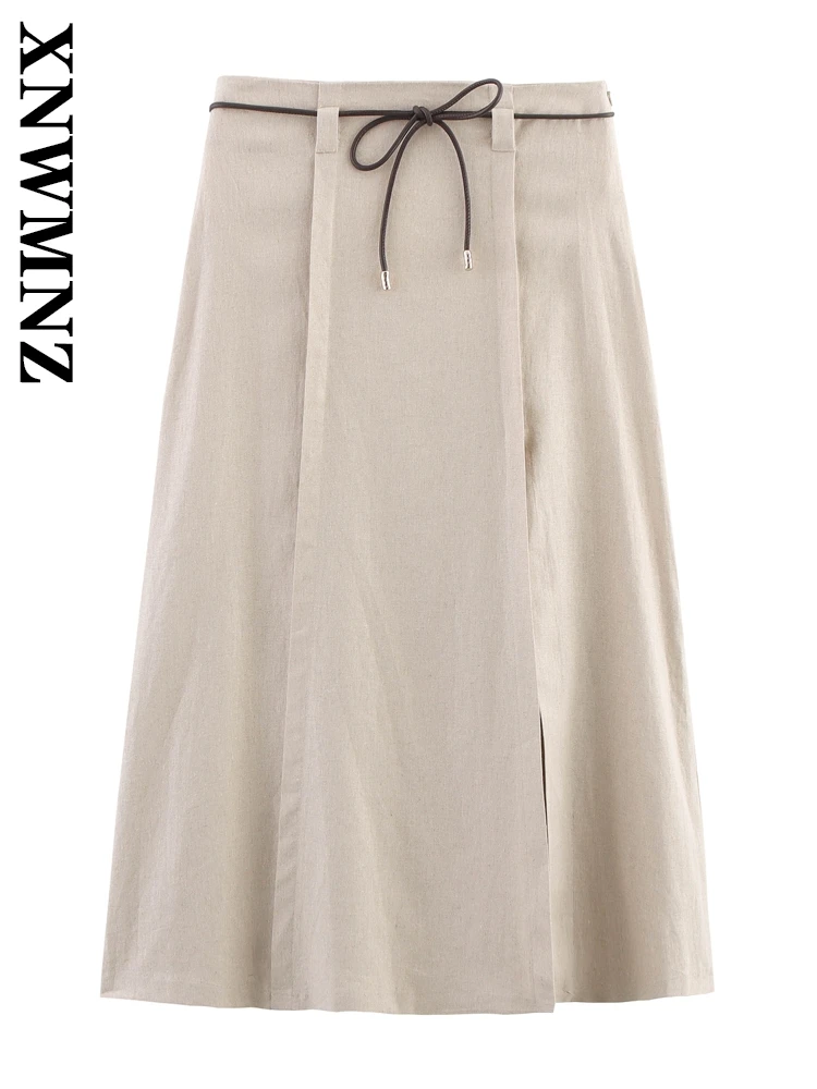

XNWMNZ 2025 Summer New Lady Minimalist Lace High Waist A-lineskirt Party Woman's Solid Color Midi Skirt Regular Fit belt Bottoms