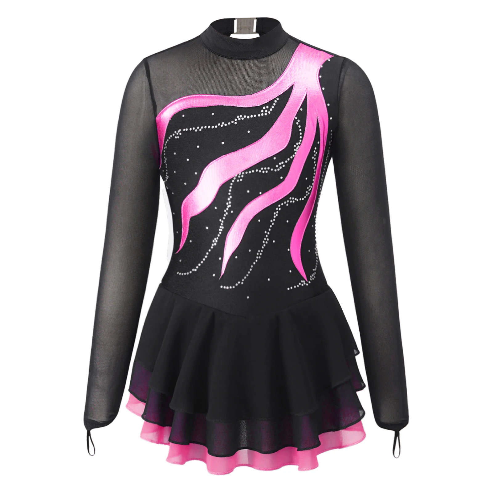 

Kids Girls Figure Ice Skating Dress Tutu Dance Gymnastics Leotard Ballet Dress Long Sleeve Rhinestone Stage Performance Costumes