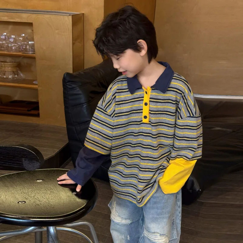 

2026 Spring Autumn Children Boy Patchwork Stripe Pullover Polo Shirt New Long Sleeve T-Shirt Top 3-16 Years Toddler Teenager