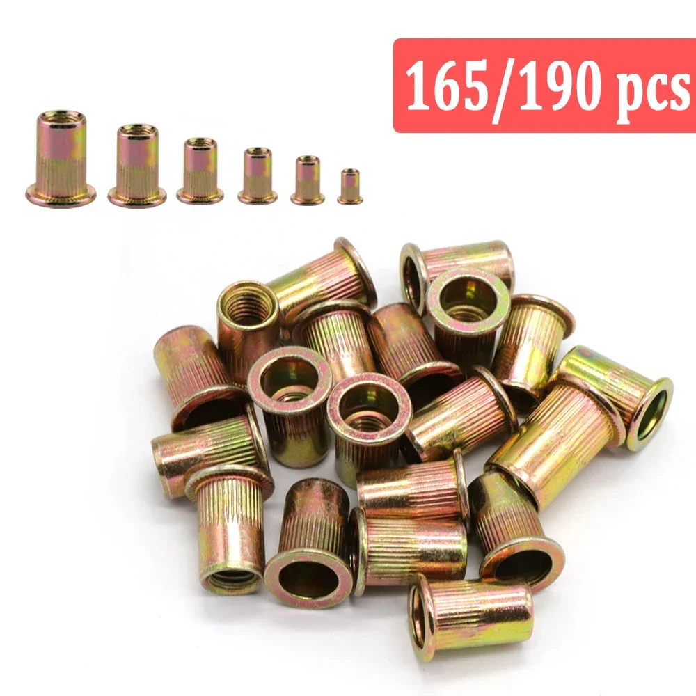 

165/190pcs Box Rivet Nuts Carbon Steel M4 M5 M6 M8 M10 M12 Flat Head Rivet Nuts Set Hardware Multi Sizes Insert Rivet Nuts