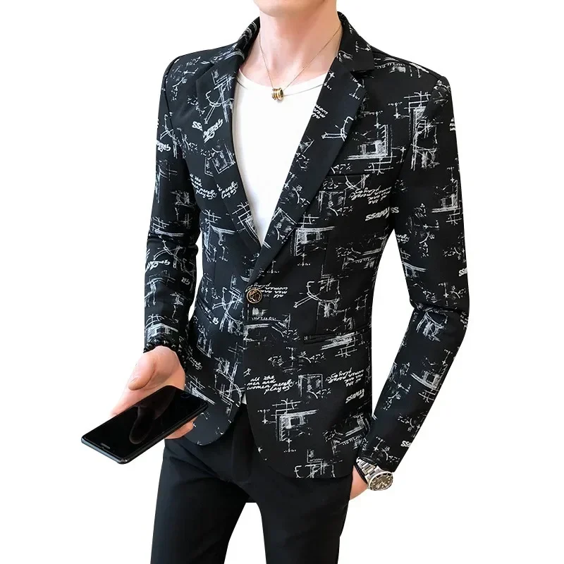 Men Blazer Slim Fit  2024 Autumn Korean Version of The Printed Slim Formal Wedding Party Prom Suit Jacket Fashion Men Clothing