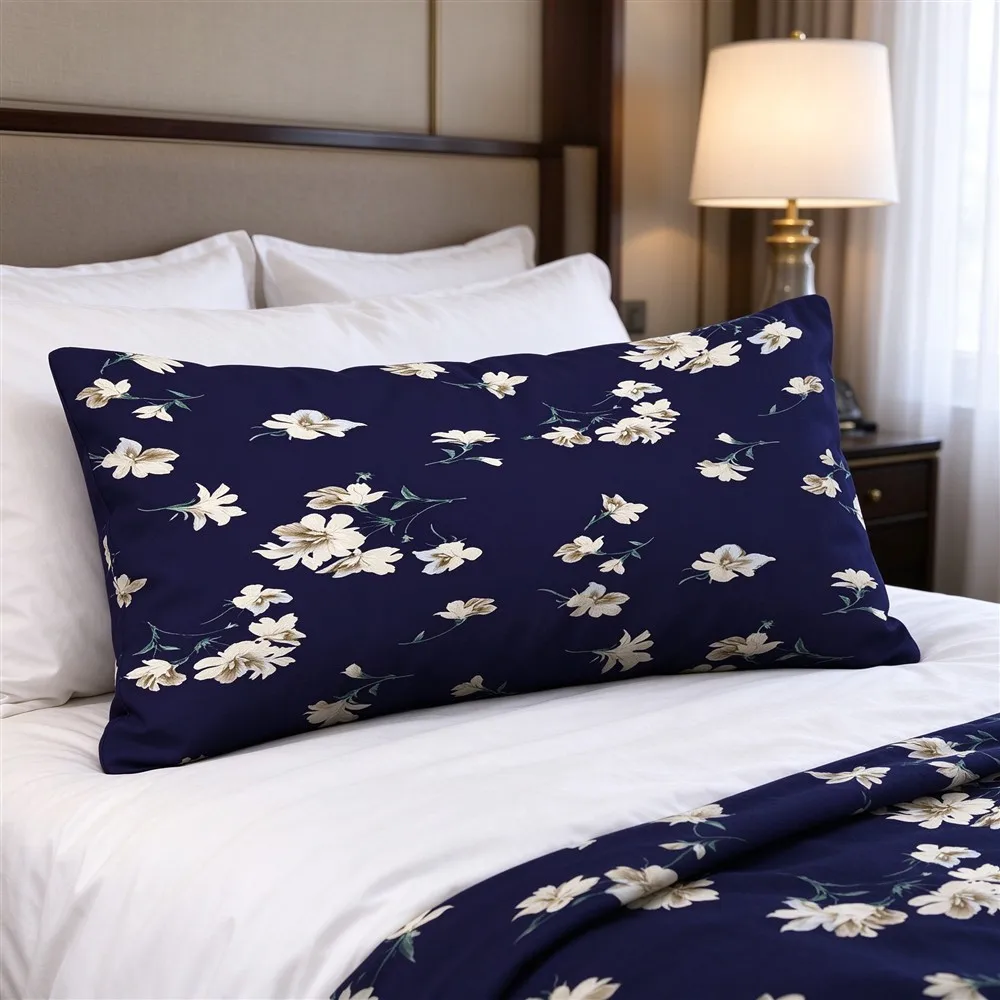 Navy White Midnight Floral Print Long Pillow Cover, Elegant Style, Hotel Decorative, Polyester, Everyday Use, Skin Friendly