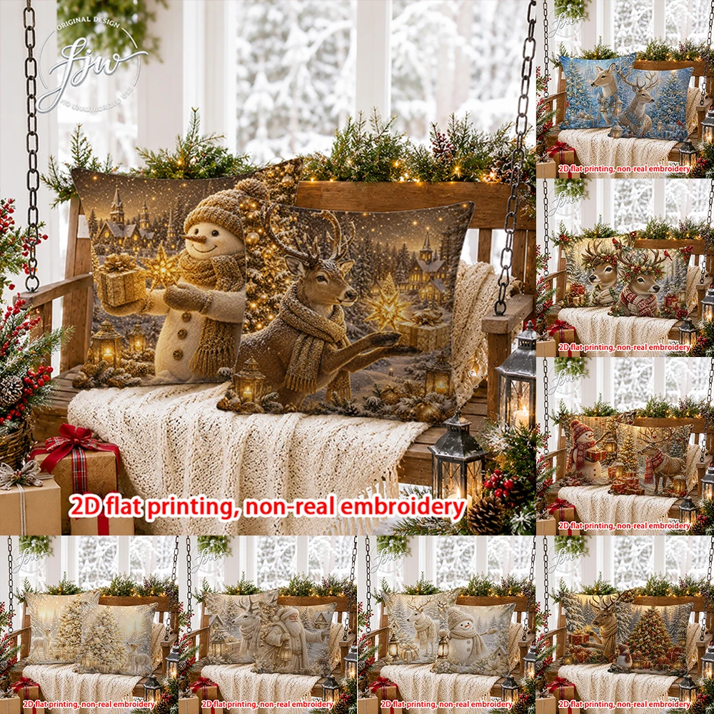 2D FLAT-2PCS Christmas Vintage Winter Throw Pillow Covers Sofa bedroom porch New Year decoration only pillowcase
