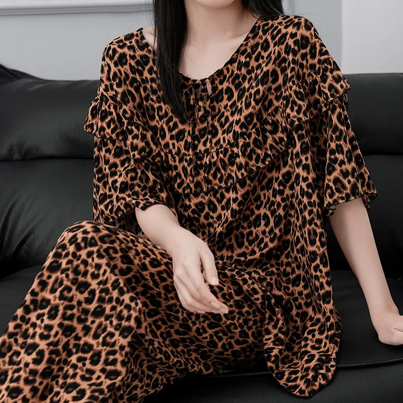 

Sexy Leopard Pajamas Set Women Loose Homewear Cotton Top&pants 2Pcs Nightwear Spring Summer New Sleepwear Short Sleeve Outfit