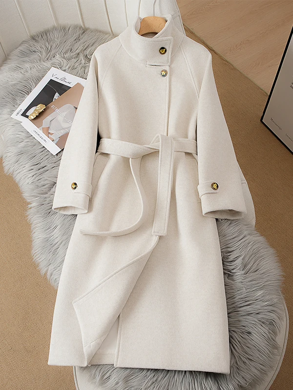 

Женское белое шерстяное пальто Camere, зимнее длинное пальто в Корейском стиле, прямой крой, эксклюзивный онлайн-дизайн с поясом на пуговицах