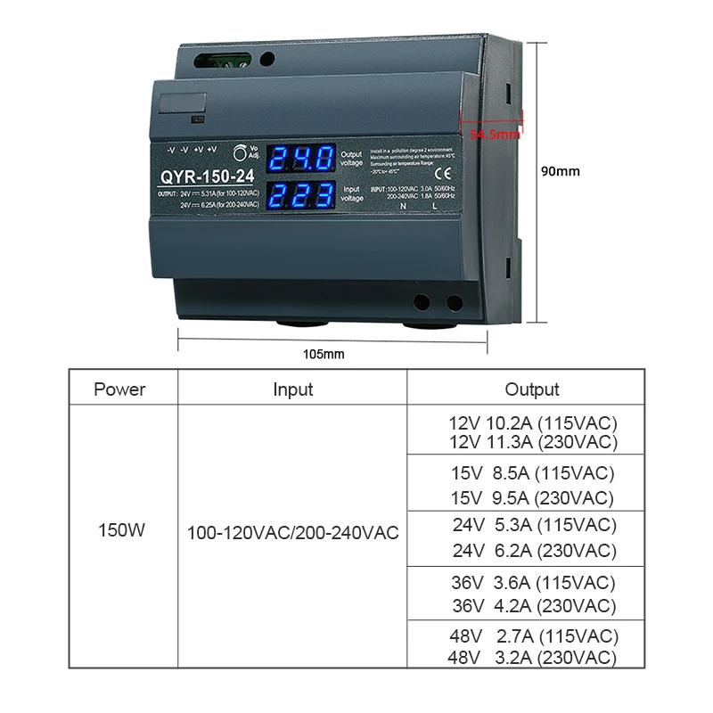 60W 100W 150W Din Rail Switching Power Supply with LED display AC 110/220V DC 12V 15V 24V 36V 48V SMPS 35mm standard rail QYR-60