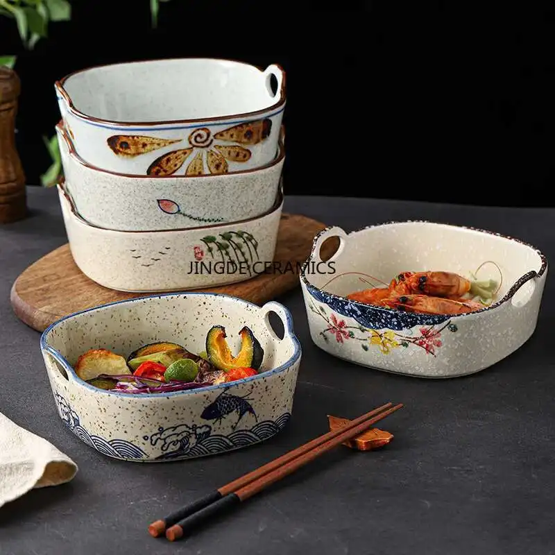 Ceramic Double Ear Salad Bowl Kitchen Utensils Baked Rice Bowl Chinese Style Instant Noodle Bowl Western Style Spaghetti Bowls