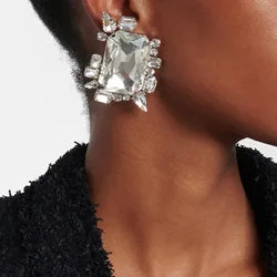 Designer Rhinestone Irregular Large Square Ear Clips for Women Bling Crystal Clip Earings Wedding Jewelry Accessories Gift