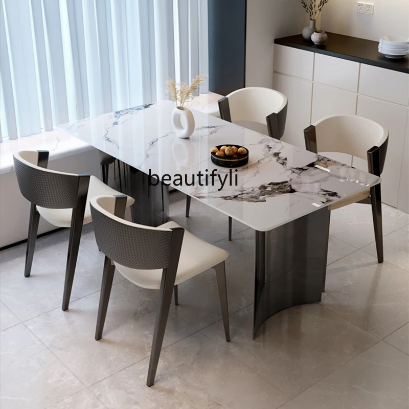 

Stone Plate Dining Table Light Luxury Modern Simple Rectangular Creative Stainless Steel Dining Tables and Chairs Set