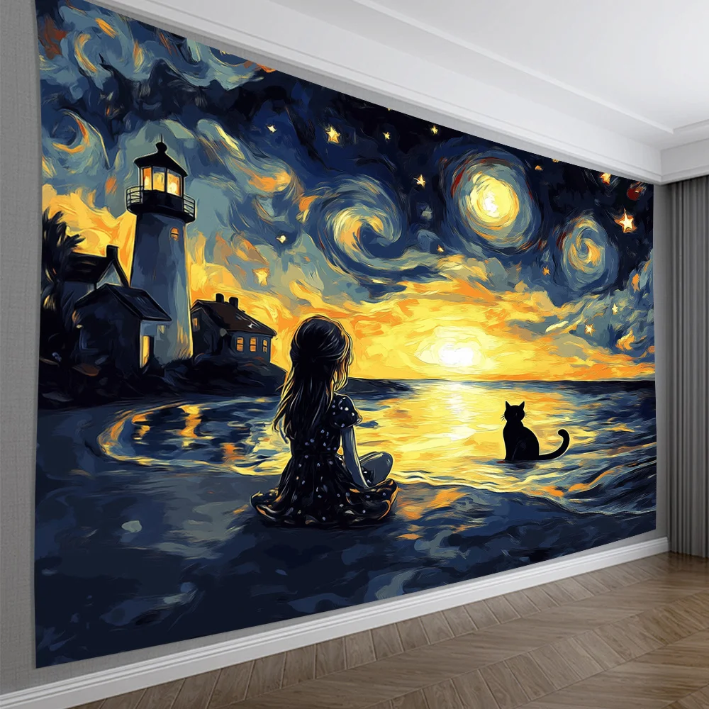 Nighttime Beach Scene Digital printing polyester wall hanging tapestry decorative Living room bedrooms Office background gift