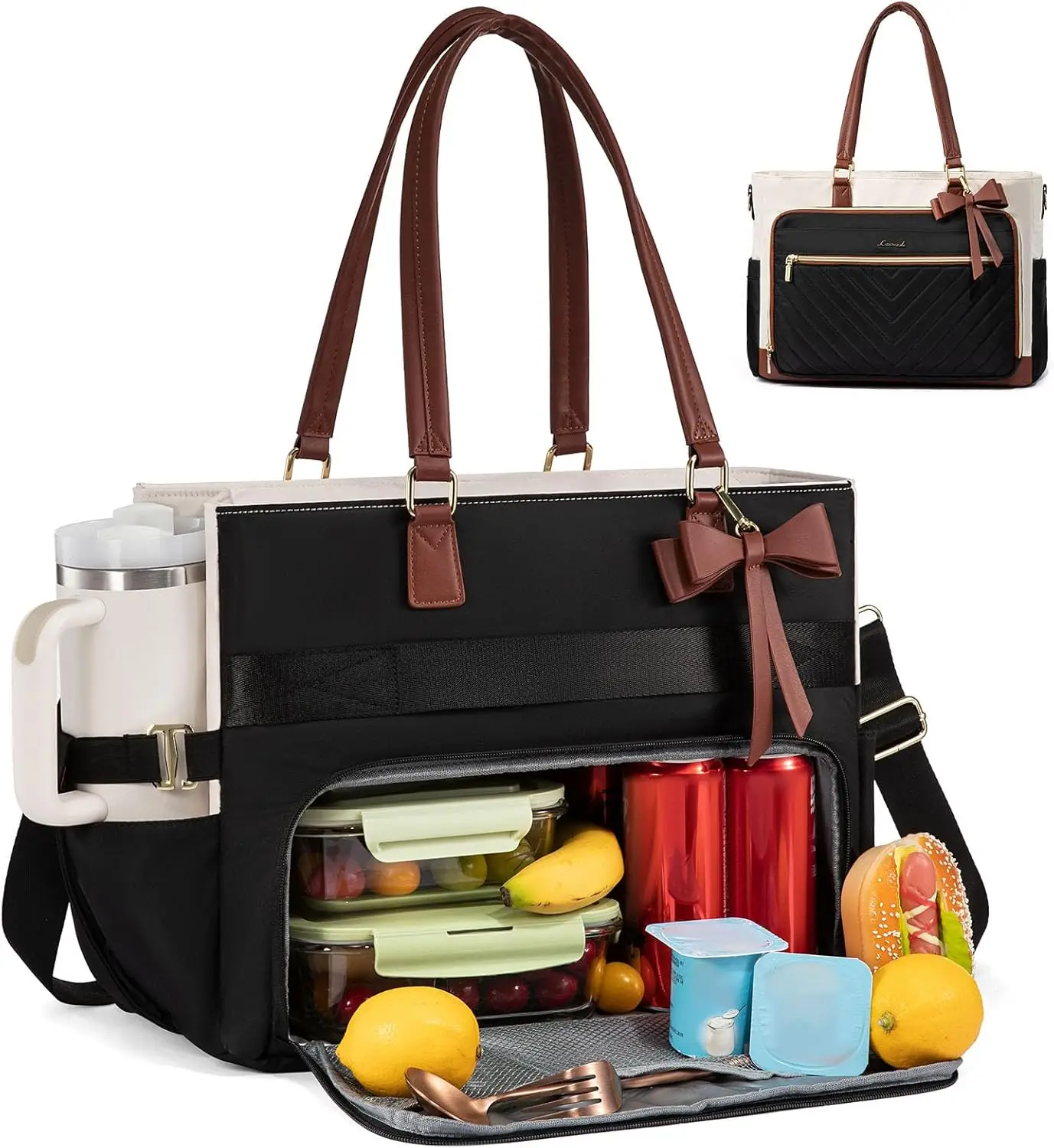 

Insulated Lunch Tote Bag for Women, 15.6" Laptop Work Bag with Large Capacity & Cup Holder, Black-Beige-Brown