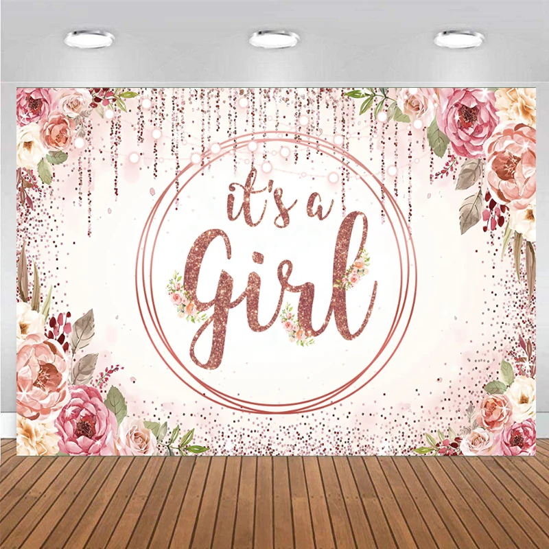 Baby Shower Its a Girl Backdrop Pink Flowers Revelation Gender Reveal Party Decorations Rose Gold Glitter Photo Background Props