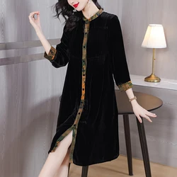 2023 Autumn/Winter New Silk Velvet Long sleeved Dress for Women's Black O-Neck Loose Large Slim Knee Length Cardigan Robe