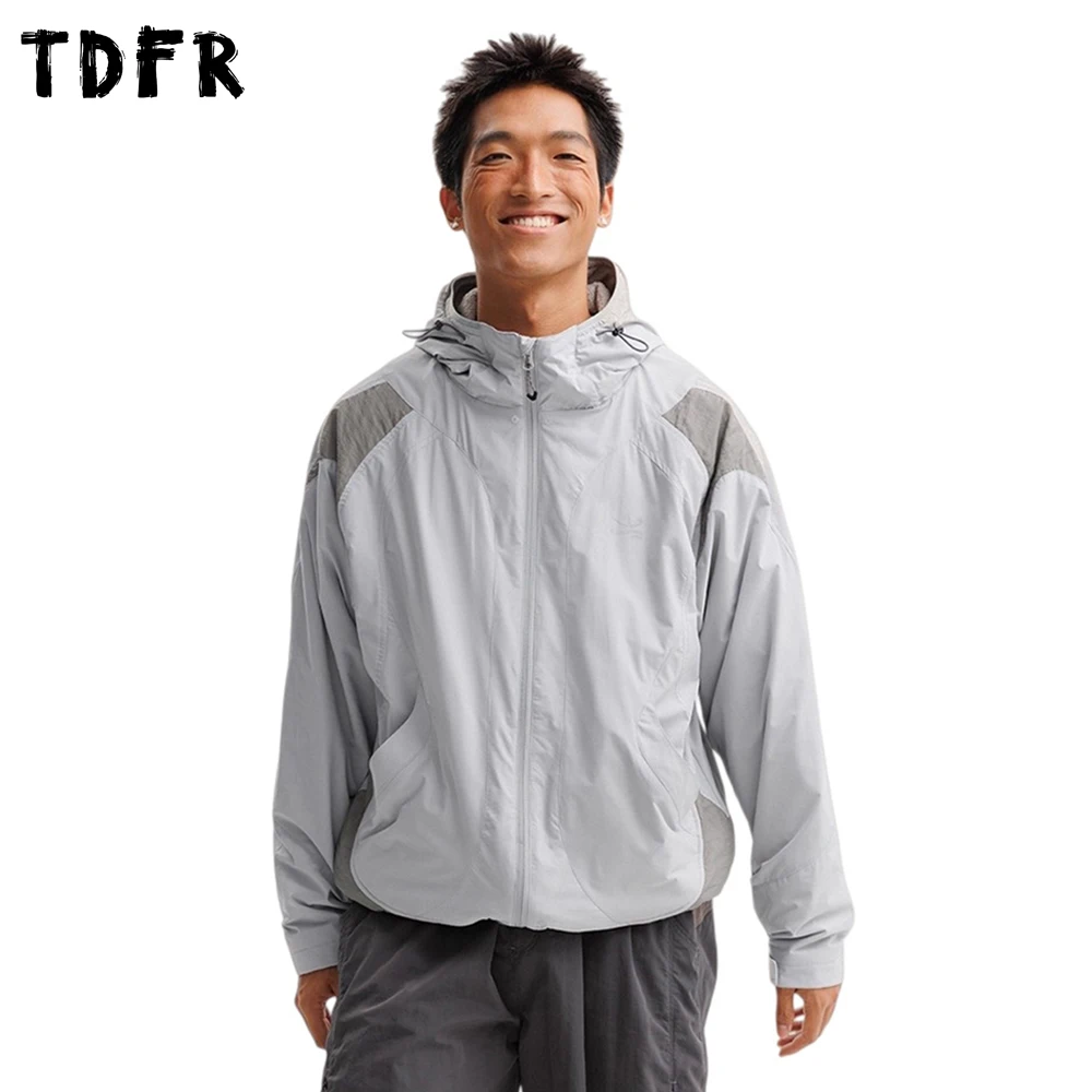 Contrast Paneled Hooded Jacket Mens Safari Style Autumn Winter Fleece Loose Long Sleeve Drawstring Hem Windbreaker Man