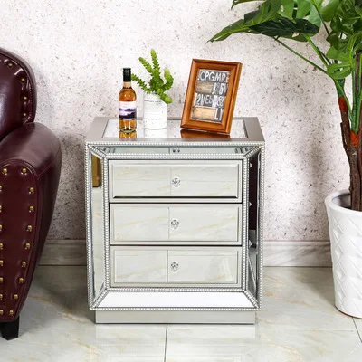 # Modern Luxury Convertible 3-Drawer Marble Top Bedside Cabinet Crushed Diamond Mirrored Nightstands Silver Bedroom Furniture
