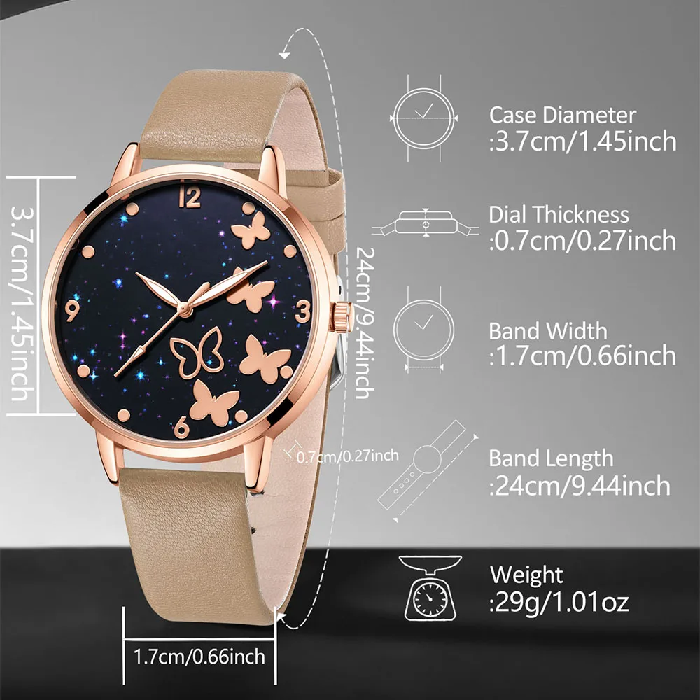 5PCS Coffee Color Women\'s Luxury Leather Watch Simulation Women\'s Quartz Watch Fashion Bracelet Watch Set Women\'s Perfect Gift