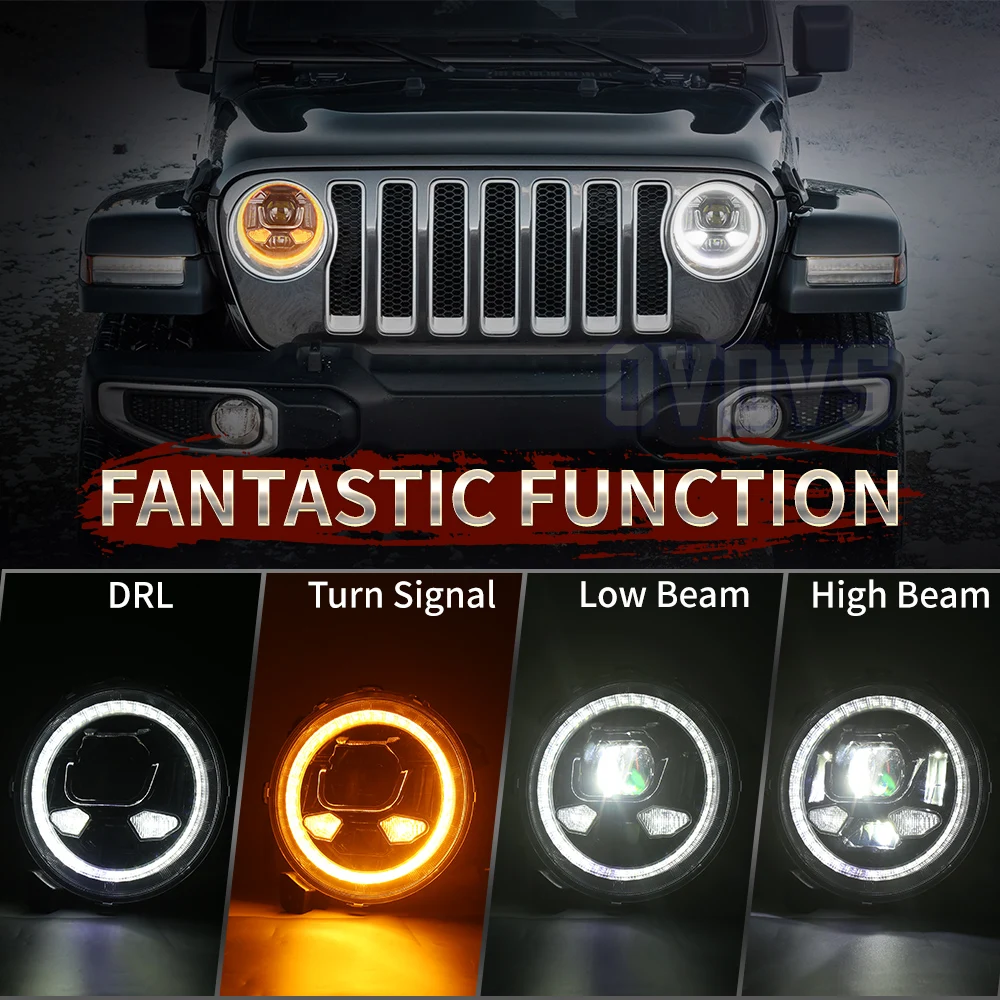 OVOVS 9 Inch LED Headlight Assembly Animated Halo DRL Turn Signal Welcome Light for 2018-2023 Jeep Wrangler JL JLU Gladiator JT