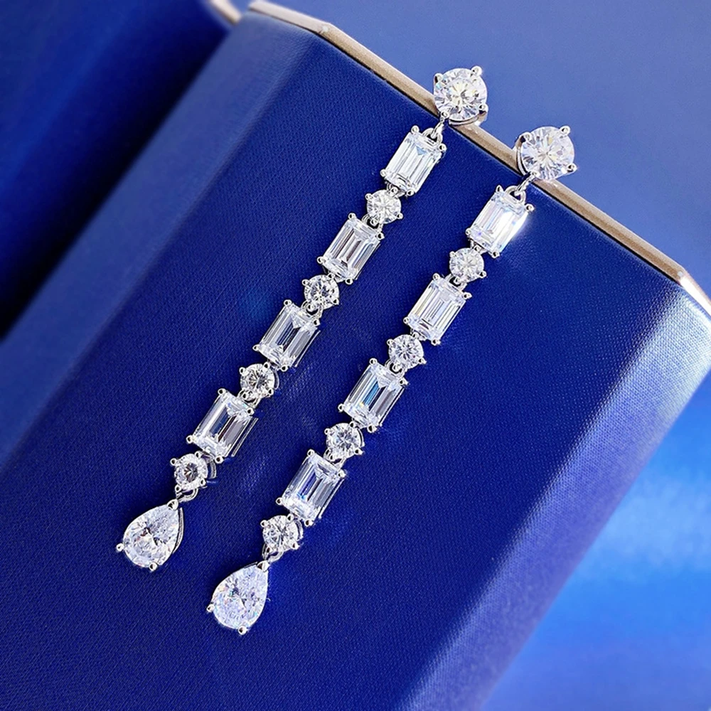 PuBang Fine Jewelry Real 925 Sterling Silver Sapphire Created Moissanite Tassel Drop Earrings for Women Party Gift Drop Shipping