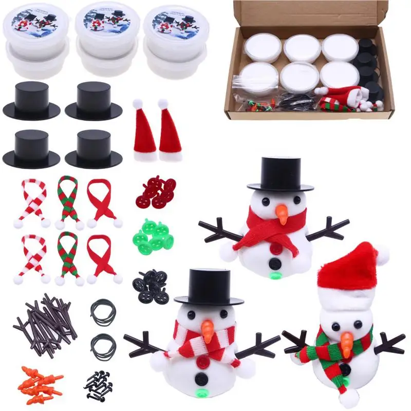 DIY Christmas Snowman Kit Carrot Noses Tiny Buttons Mini Black Red Magician Hats Trigeminal Hand Air Dry Clay Modeling Crafts