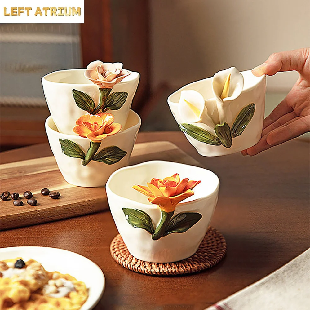 Hand Made 3D Flower Ceramic Cups Breakfast Milk Coffee Juice Cup Home Restaurant Porcelain Drinkware Creative Holiday Gifts