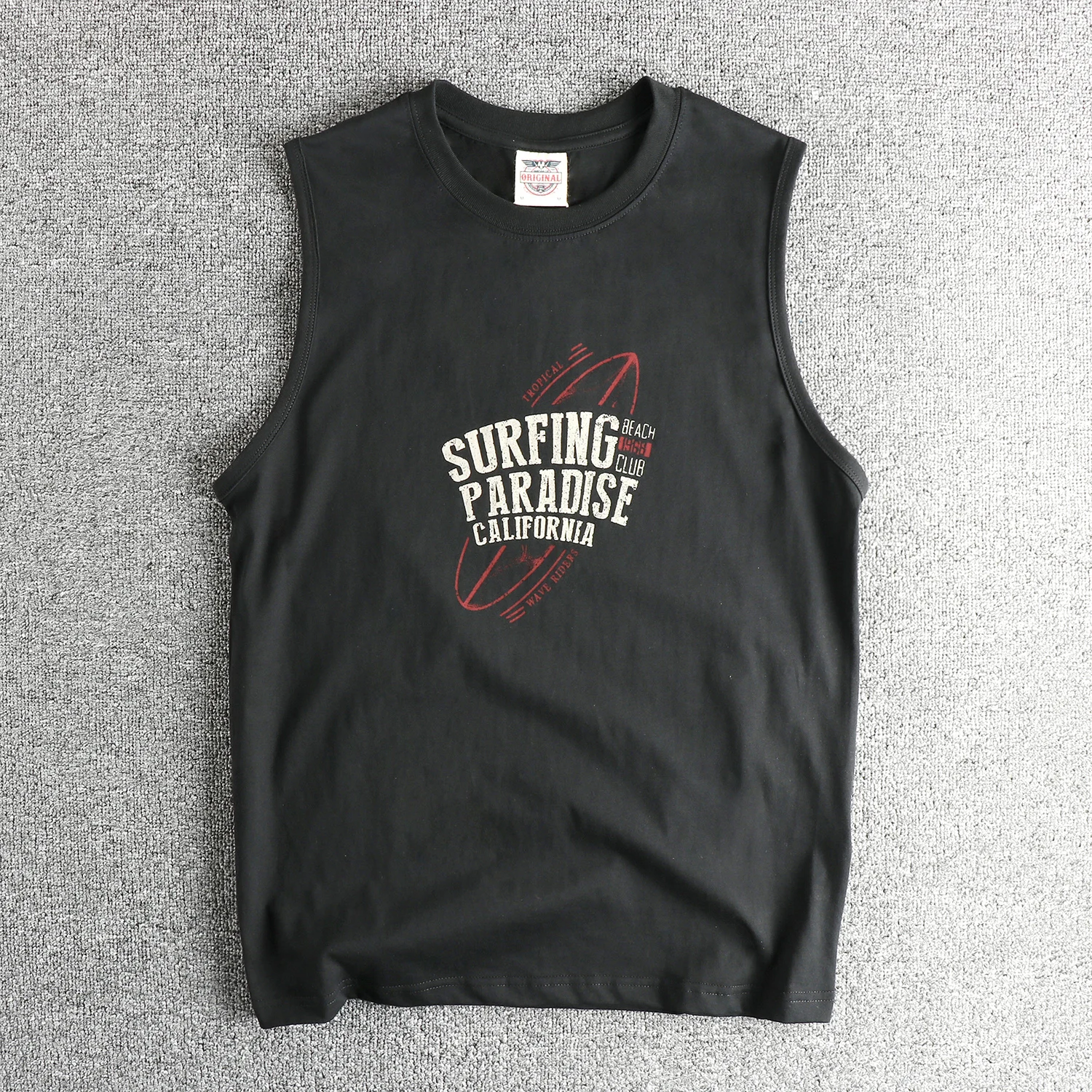 2025 Summer New American Retro Sleeveless O-neck Surfing Printed T-shirt Men's Fashion 82% Cotton Washed Casual Sports Vest