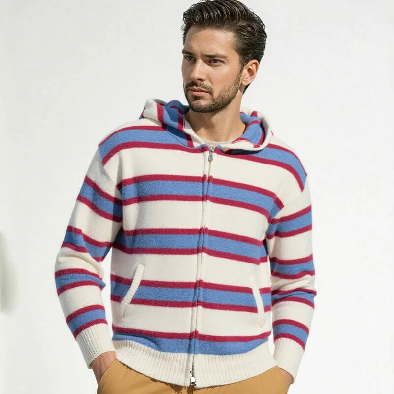 

Новый осенне-зимний модный полосатый свитер с капюшоном, мужской кардиган, повседневный вязаный свитер, свитер с цветными блоками
