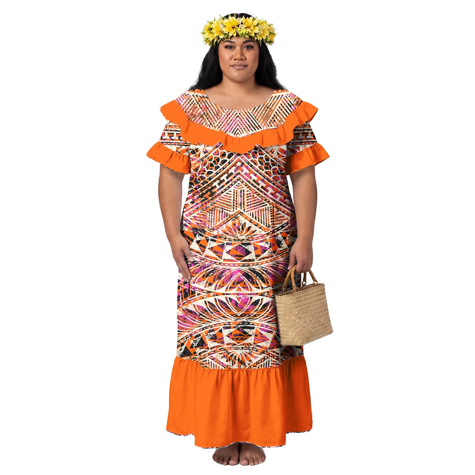 Polynesian Ladies Wear Asia & Pacific Islands Women Flowers Clothes Samoan Short Sleeve Fishtail Dress Custom Party Aloha Dress
