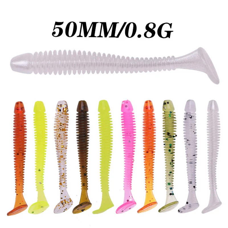 Isca de silicone macia com cauda espiral, isca artificial para carpa e pesca do robalo, 5cm, 0.8g, 20 ou 50pcs