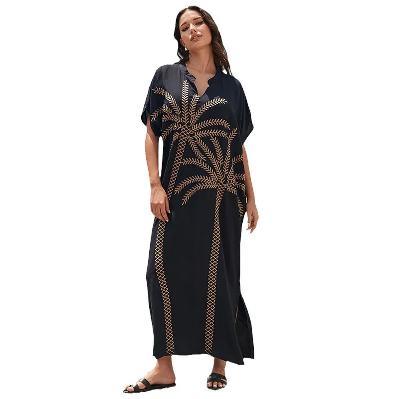 فستان شاطئ طويل مطبوع عليه طباعة شجرة جوز الهند ، سروال أسود ، غطاء بيكيني ، التفاف ، الستر ، ملابس سباحة ، تغطية