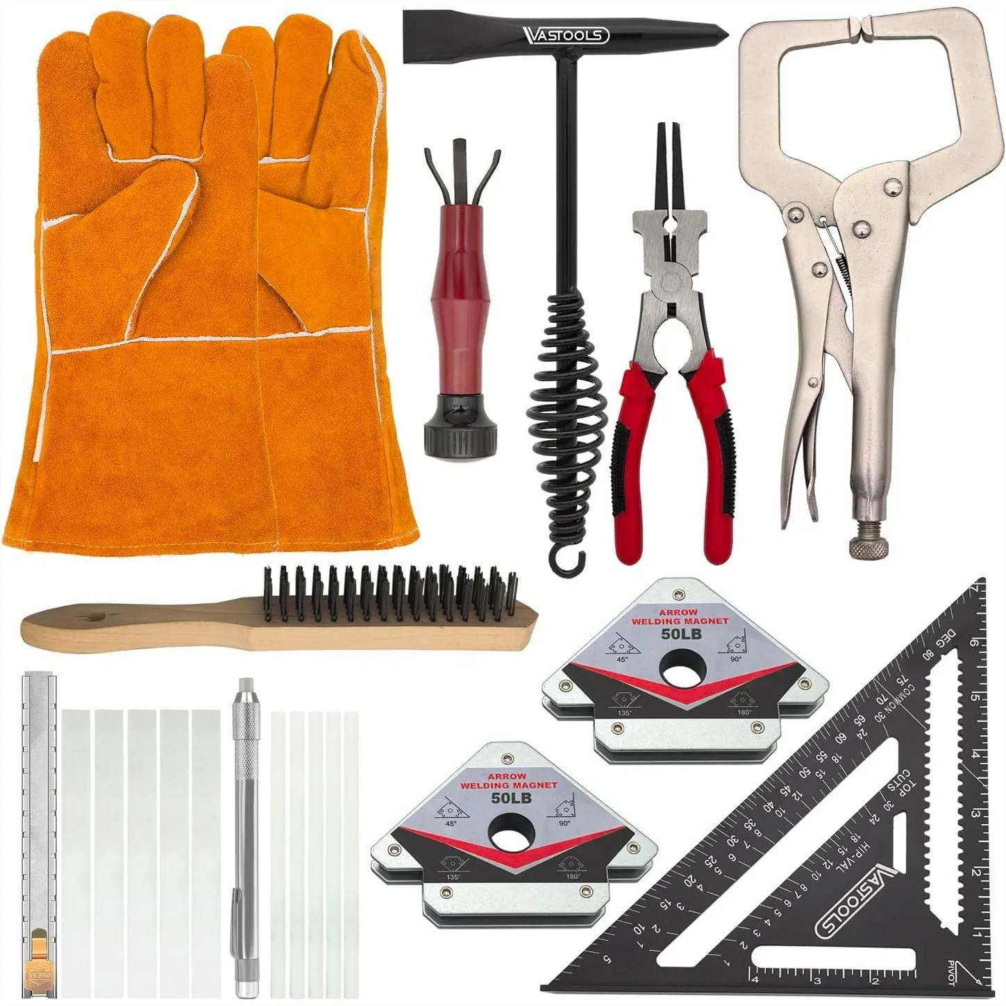 

Welding Tools Set 10-Piece with Chipping Hammer Gloves Clamp Square Soapstone Magnet Pliers Reamer Brush