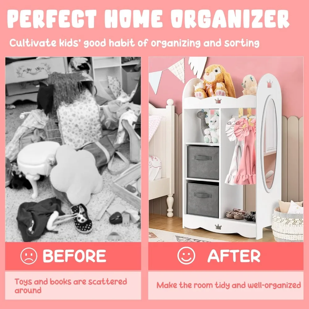 Детский гардероб для хранения с зеркалом и тканевой вешалкой, шкаф-комод для малышей, милые узоры с коронами, Preten