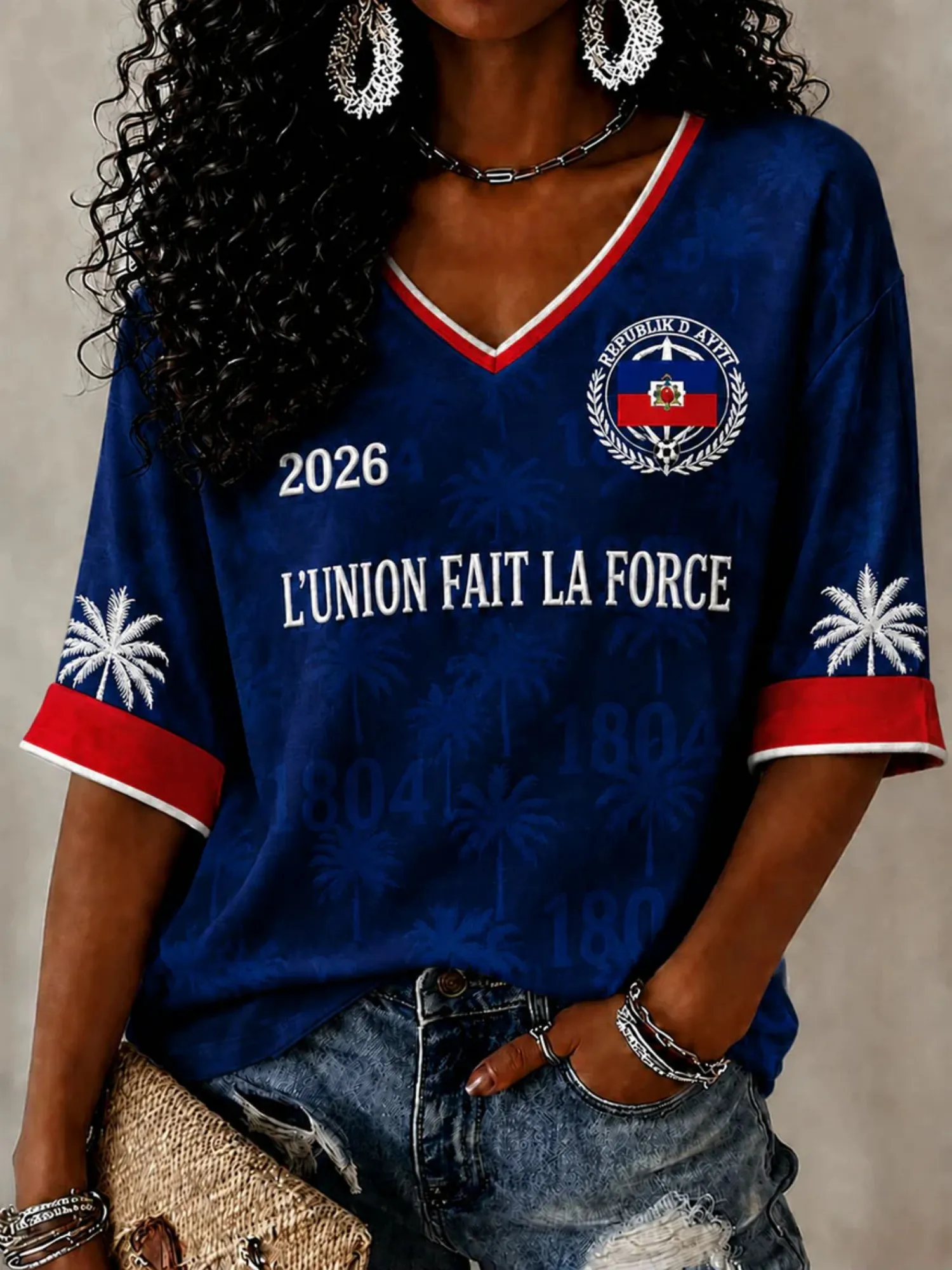 Haiti Womens Oversized V Neck Short Sleeve Tee Casual Summer Loose Fit Graphic Top With Union Theme And Palm Motif Beach Holiday