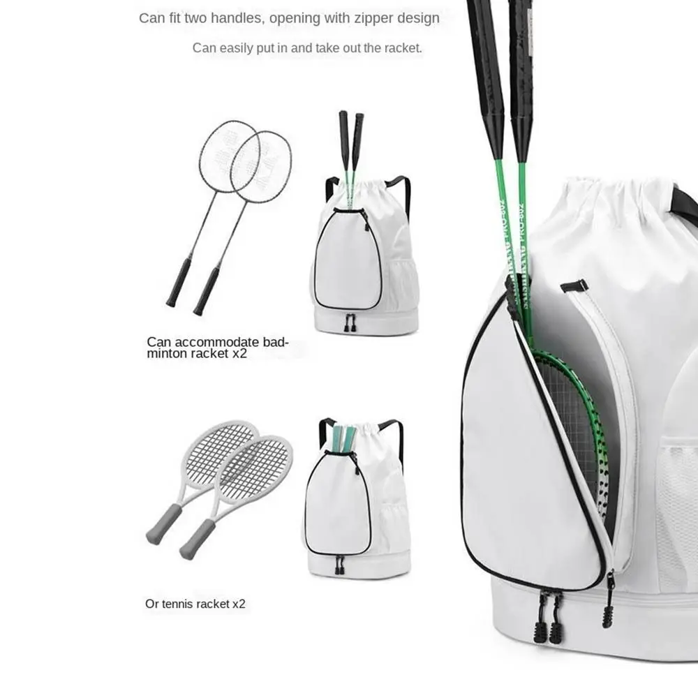 2 Rackets Tennis Racket Backpack with Shoes Pocket Waterproof Gym Pack Casual Drawstring Closure Drawstring Fitness Bag