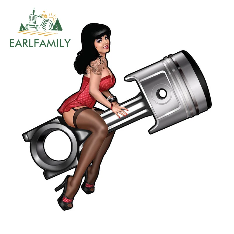 EARLFAMILY Piston Pin Up Girl Car Sticker Hot Rod Window Trunk Laptop Toolbox Decal Retro Car Styling Motocross Sticker Car Wrap