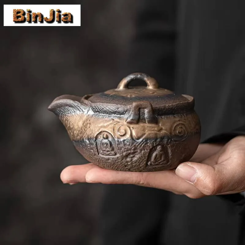 180ml Retro Gilded Iron Glazed Teapot Buddha's Seal Hand Grasping Aesthetic Pot Tea Maker Kettle Drinkware Supplies Decoration