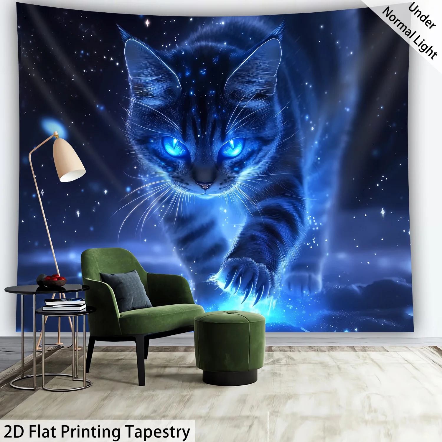 2D Flat - 2D Flat - One-Piece 2D Flat Tapestry Featuring a Cute Cat That Glows Under UV Light, Large-Scale Blue Print, Perfect f
