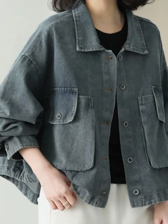 

Large Size 300 Pou Retro Workwear Denim Jaet ex Spring Autumn Loose Casual Versatile Top Button Decorated Ironed Fabric