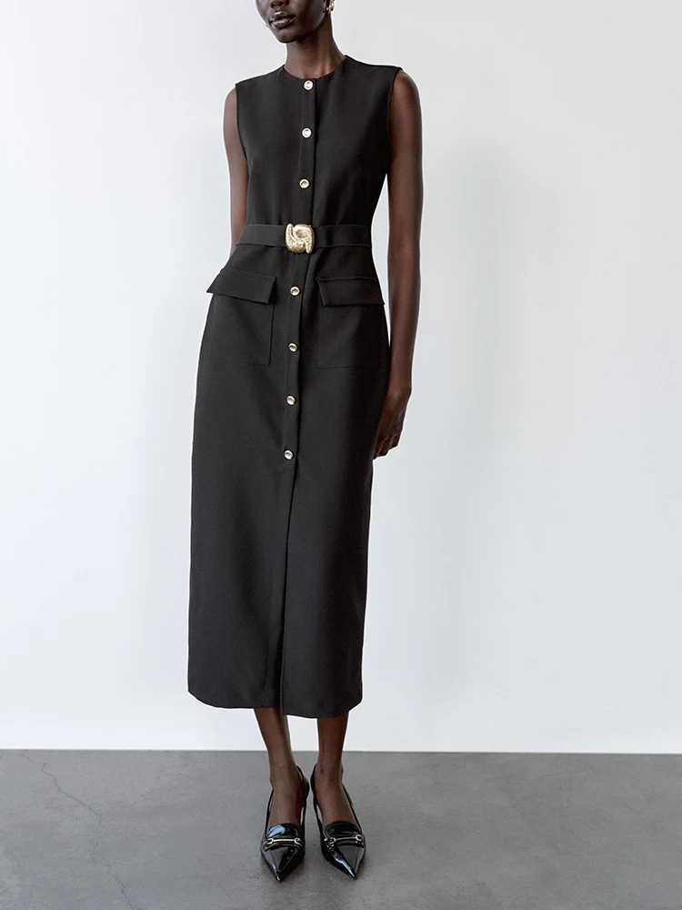 Spring New Arrival Women's Midi Dr ZA2025 Svel round Ne Gored Skirt with Belt Single Button Closure Vest Sle