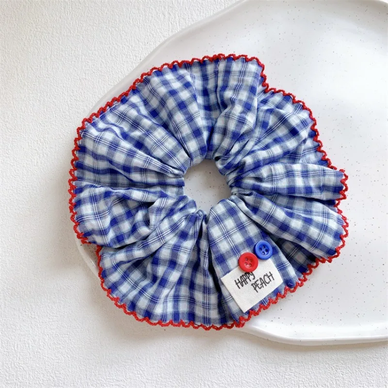 

Милые корейские резинки для волос в клетку с контрастными красными и синими кнопками для девочек, эластичные мягкие держатели для хвоста, повседневные аксессуары для волос
