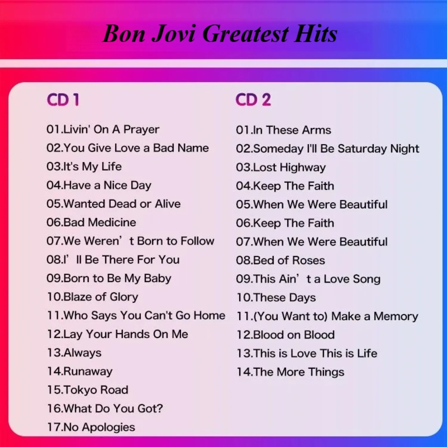 Classic Rock Greatest Hits Album Set CD Only 2CD in Clear Plastic Case High-Fidelity Sound Included, for Music Lovers Collection